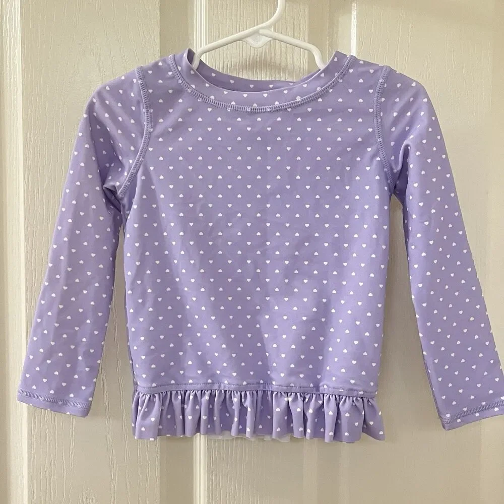 RuffleButts Purple Hearts Long Sleeve Rash Guard Swim Top Ruffles Girls Size 3T